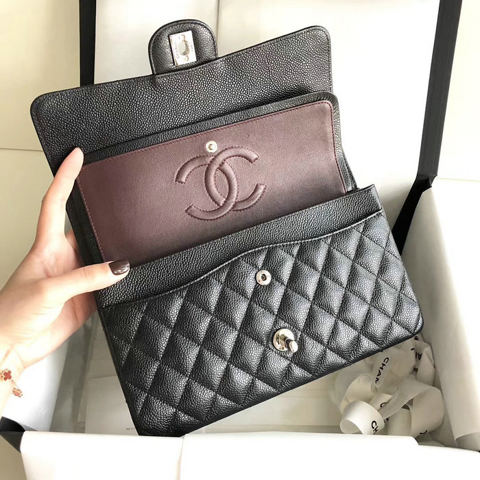 Classic Chanel Caviar Leather Bag Black with Silver Hardware A1112