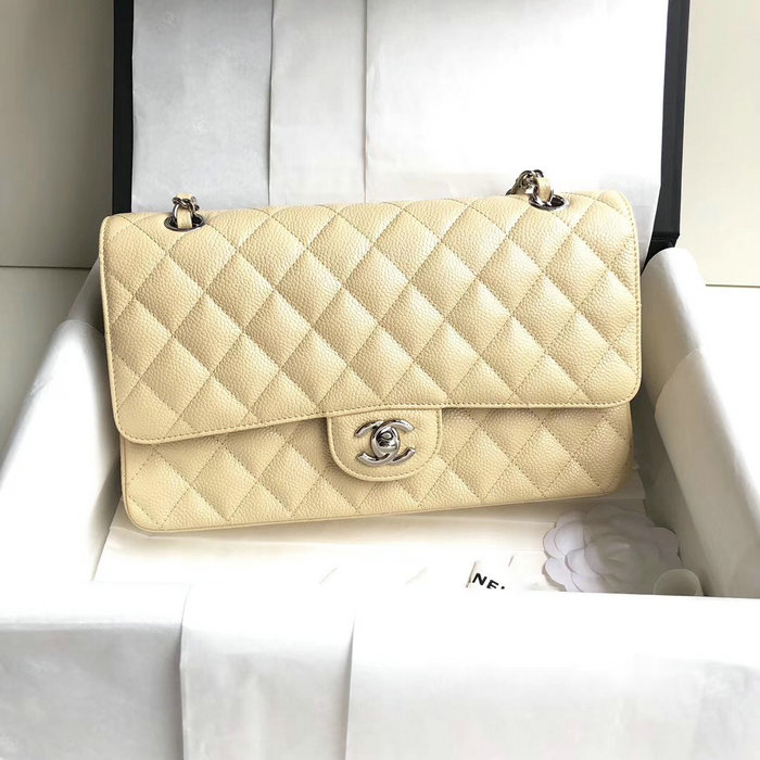 Classic Chanel Caviar Leather Flap Shoulder Bag Beige A1112