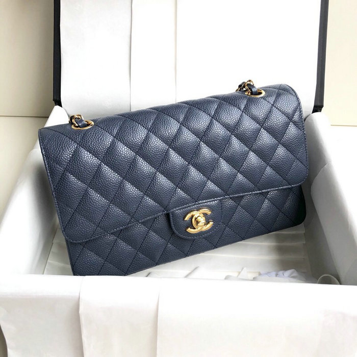 Classic Chanel Caviar Leather Flap Shoulder Bag Blue A1112