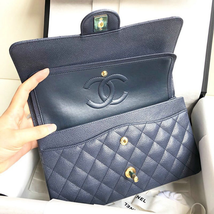 Classic Chanel Caviar Leather Flap Shoulder Bag Blue A1112