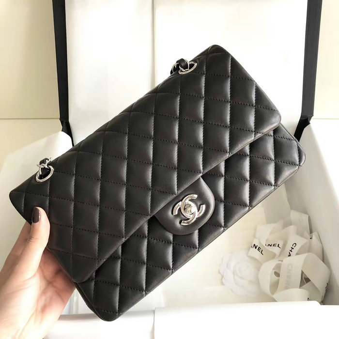 Classic Chanel Lambskin Bag Black with Silver Hardware A1112