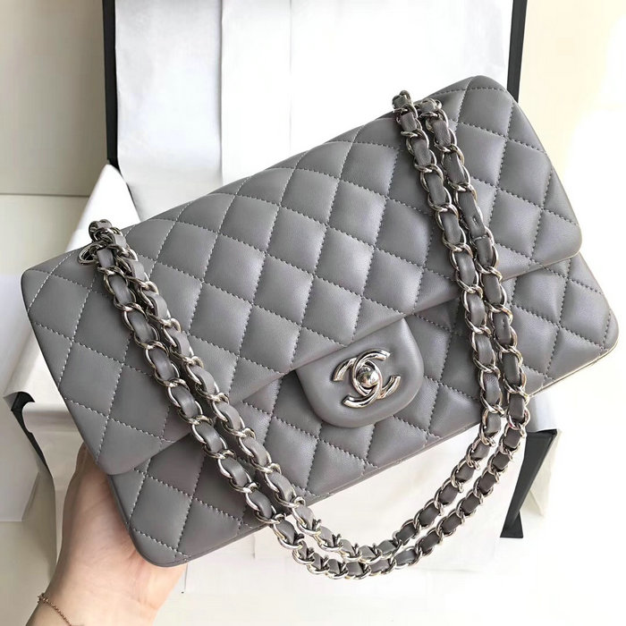 Classic Chanel Lambskin Flap Shoulder Bag Grey A1112