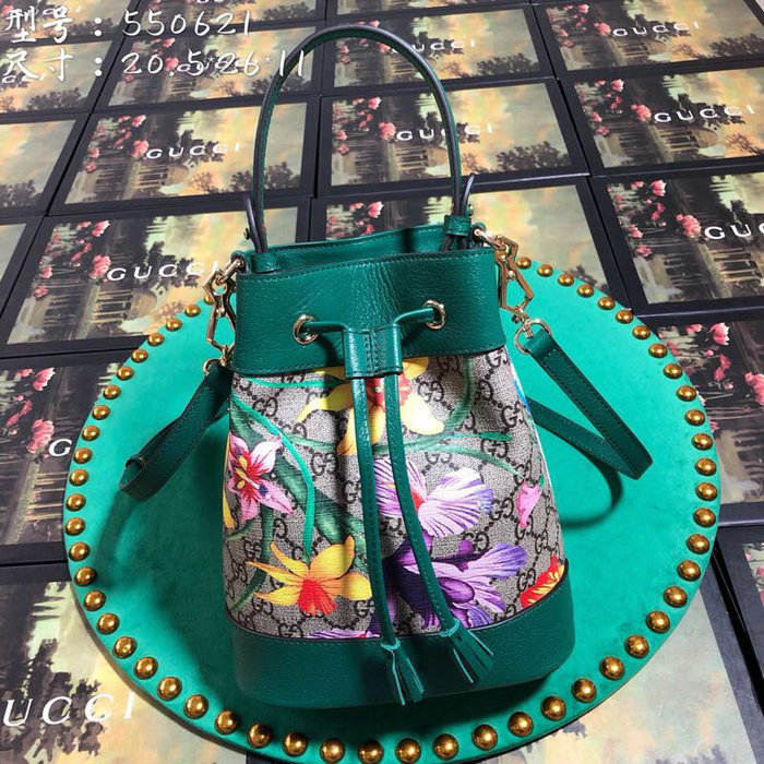 Gucci Ophidia GG Flora Small Bucket Bag Green 550621