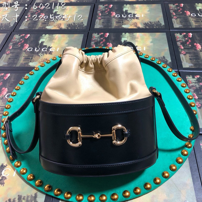 Gucci 1955 Horsebit Bucket Bag Black and Beige 602118