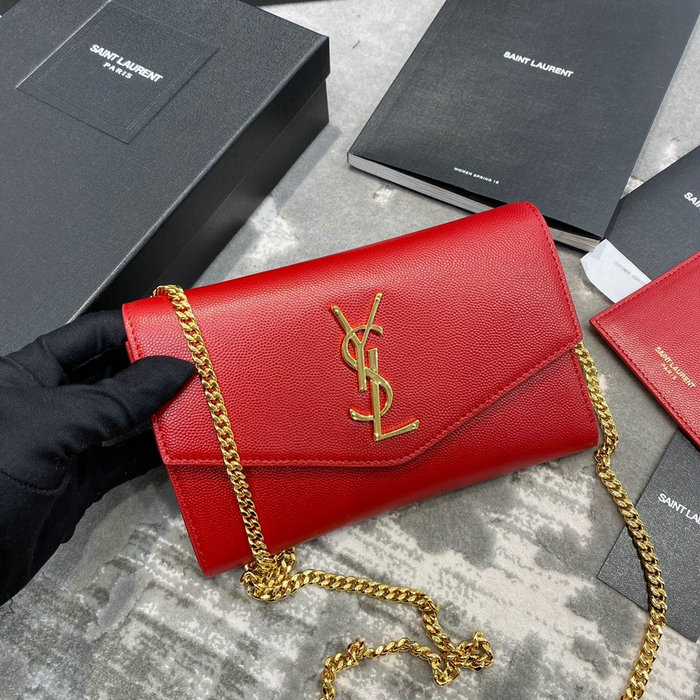 Saint Laurent Uptown Chain Wallet in Grain Leather Red 607788