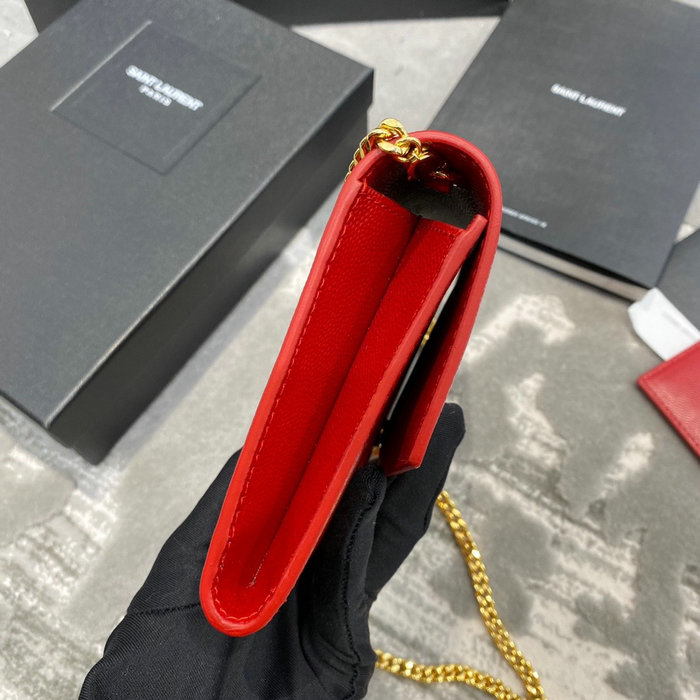 Saint Laurent Uptown Chain Wallet in Grain Leather Red 607788