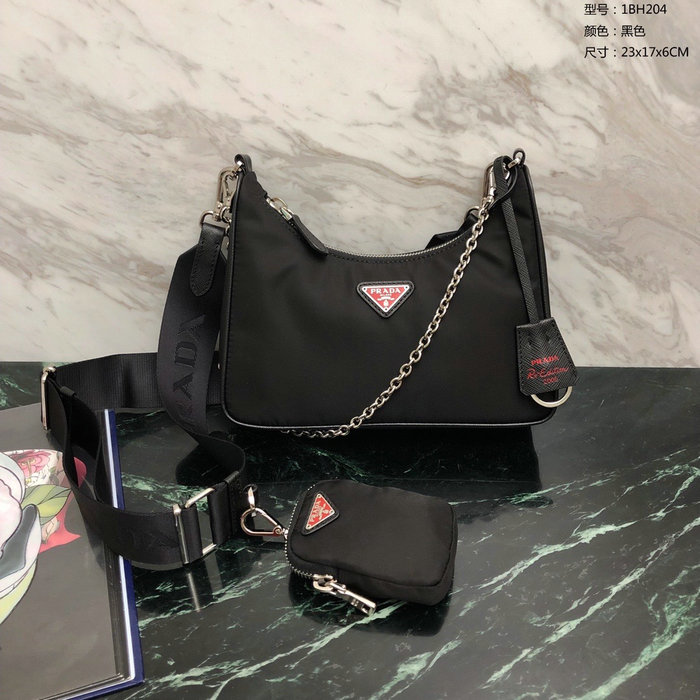 Prada Nylon Hobo Bag Black with Red Logo 1BH204