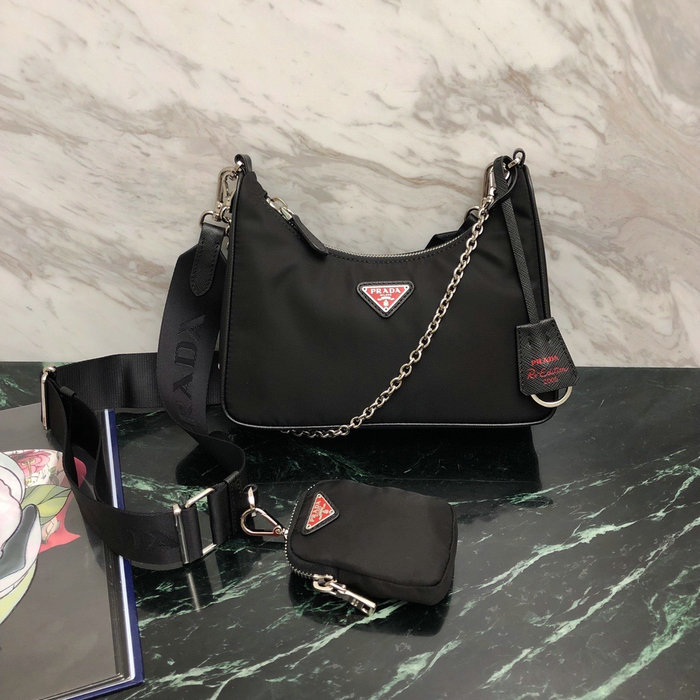 Prada Nylon Hobo Bag Black with Red Logo 1BH204