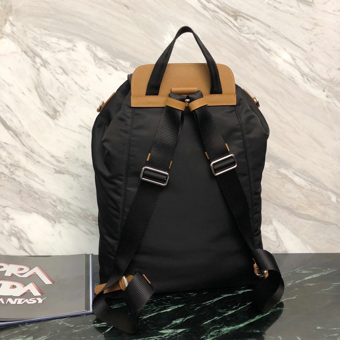 Prada Nylon and Saffiano Leather Backpack Black with Beige 1BZ069