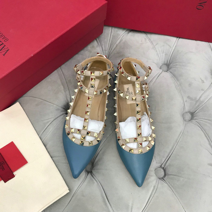 Valentino Calfskin Rockstud Caged Ballet Flat Blue VS03083