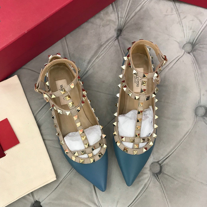 Valentino Calfskin Rockstud Caged Ballet Flat Blue VS03083