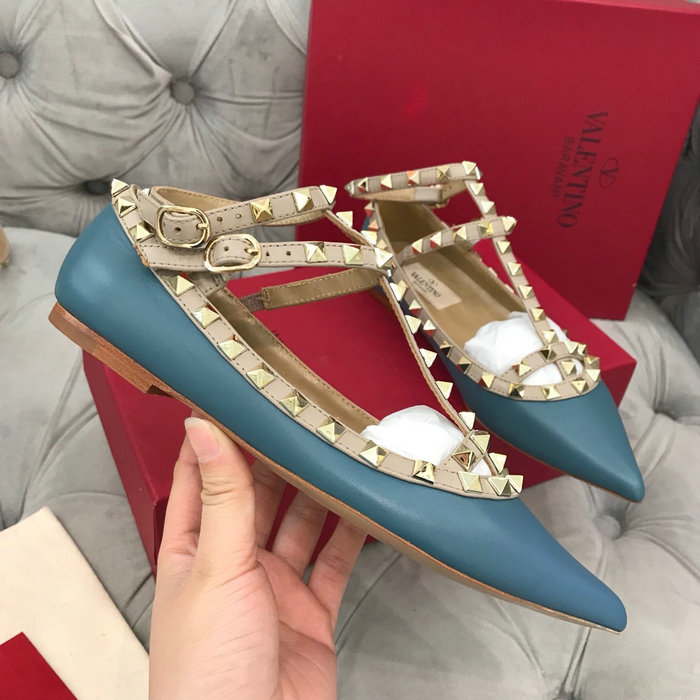 Valentino Calfskin Rockstud Caged Ballet Flat Blue VS03083