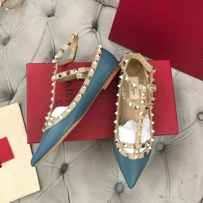 Valentino Calfskin Rockstud Caged Ballet Flat Blue VS03083