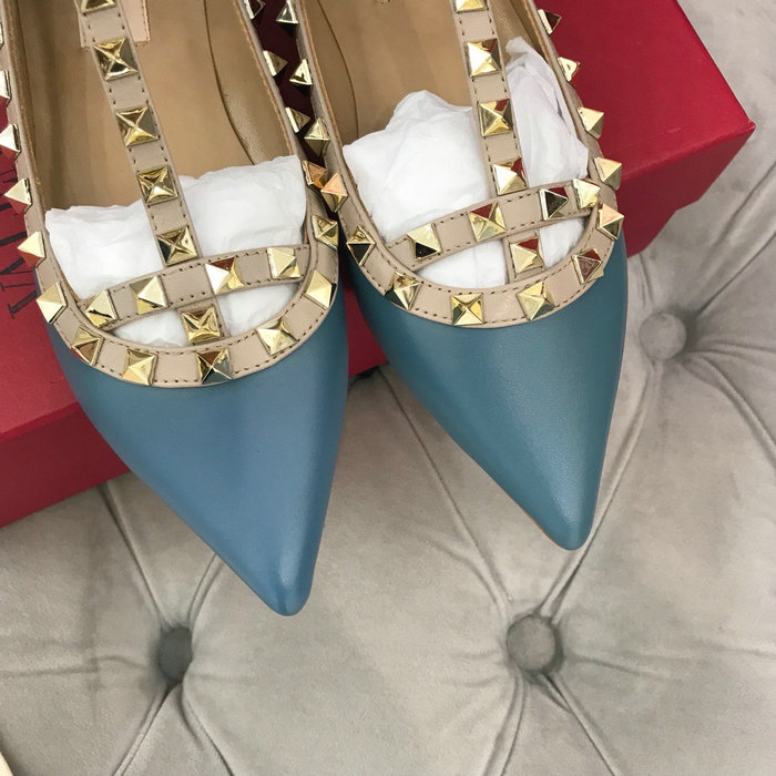 Valentino Calfskin Rockstud Caged Ballet Flat Blue VS03083