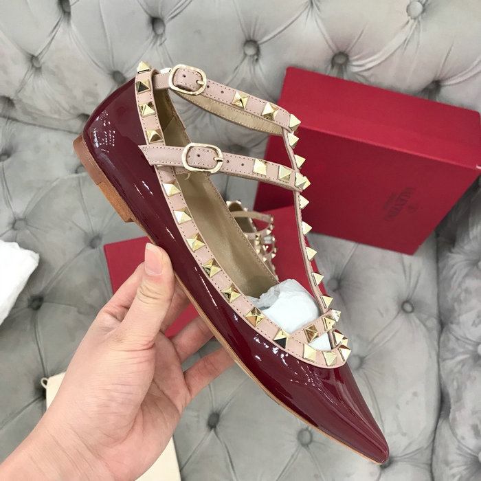 Valentino Patent Rockstud Caged Ballet Flat Burgundy VS03083