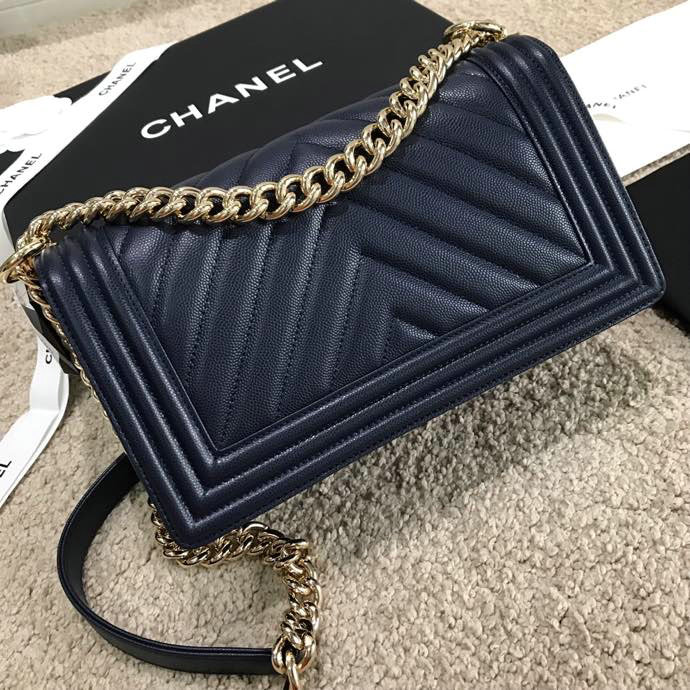 Medium Chanel Chevron Grain Calfskin Boy Bag Blue A67086