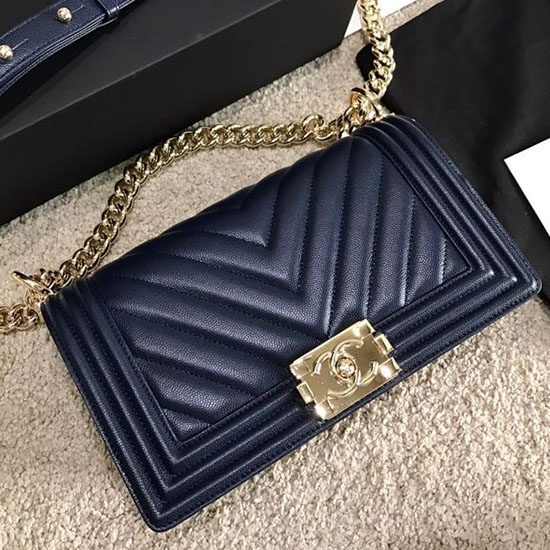 Medium Chanel Chevron Grain Calfskin Boy Bag Blue A67086