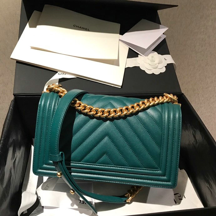 Medium Chanel Chevron Grain Calfskin Boy Bag Dark Green A67086