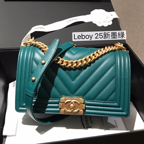 Medium Chanel Chevron Grain Calfskin Boy Bag Dark Green A67086