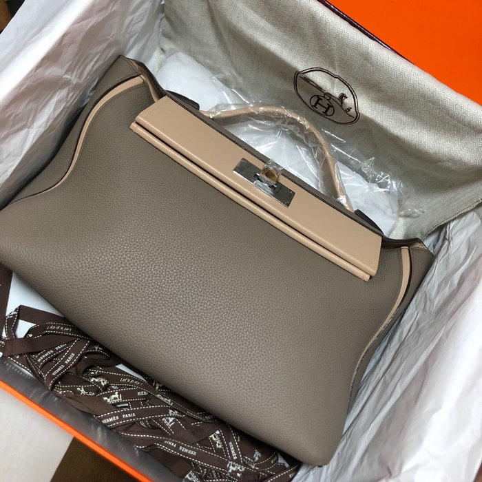 Hermes Kelly 24/24 Togo Leather Bag Grey and Beige H06131