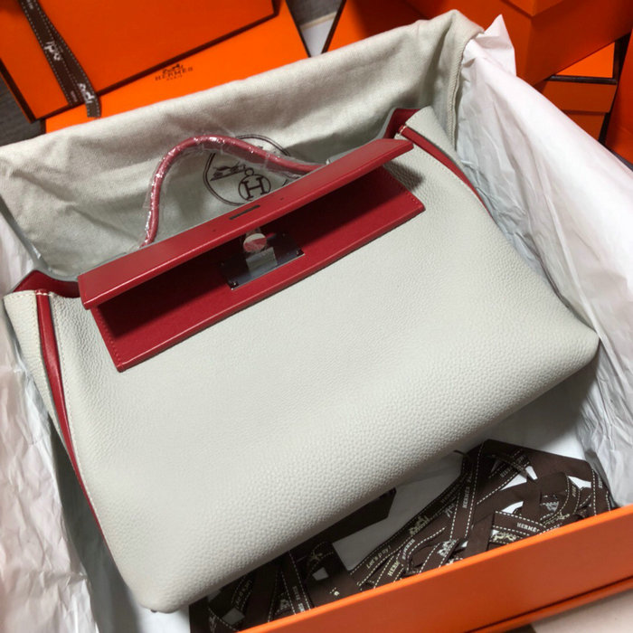 Hermes Kelly 24/24 Togo Leather Bag White with Silver Hardware H06131