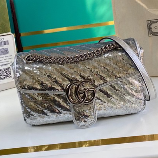 Gucci GG Marmont Small Sequin Shoulder Bag Silver 443497