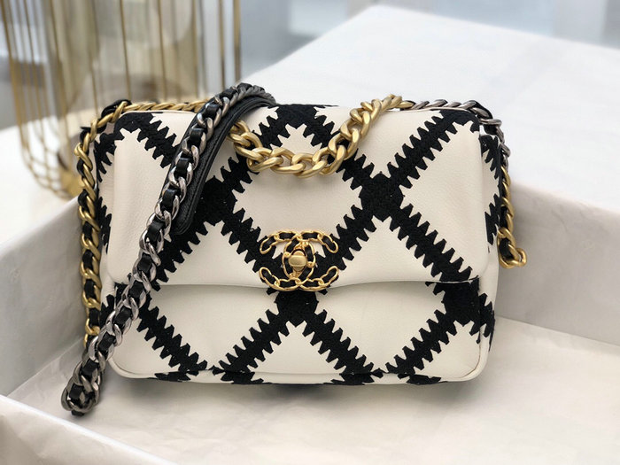 Chanel Calfskin 19 Flap Bag White and Black AS1160