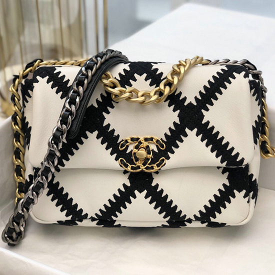 Chanel Calfskin 19 Flap Bag White and Black AS1160