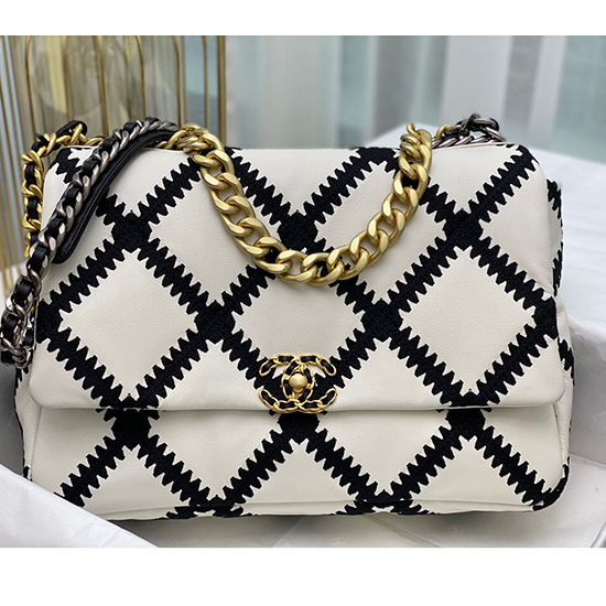 Chanel Calfskin 19 Maxi Flap Bag White and Black AS1162