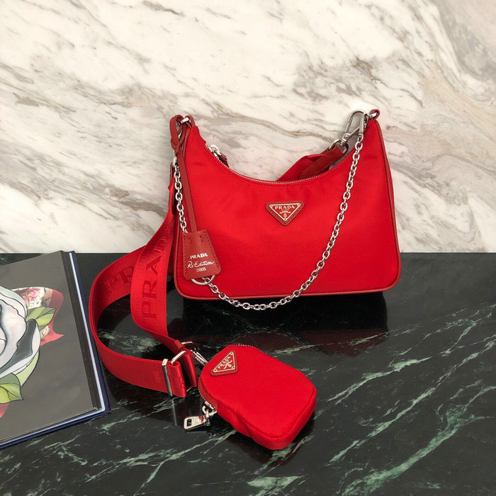 Prada Nylon Hobo Bag Red 1BH204