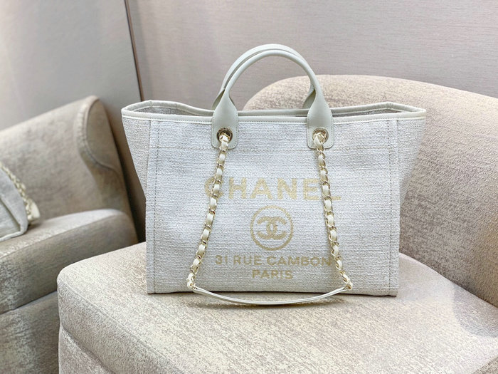 Chanel Canvas Large Deauville Shopping Bag White AS66941