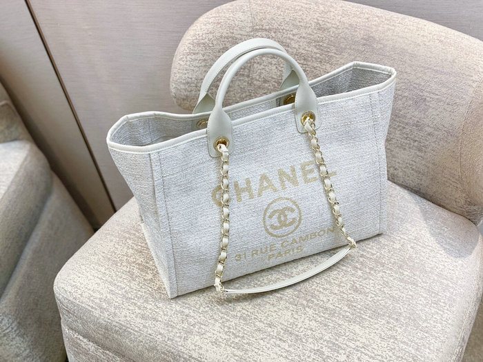 Chanel Canvas Large Deauville Shopping Bag White AS66941