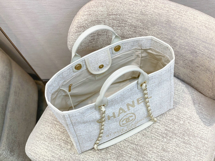 Chanel Canvas Large Deauville Shopping Bag White AS66941