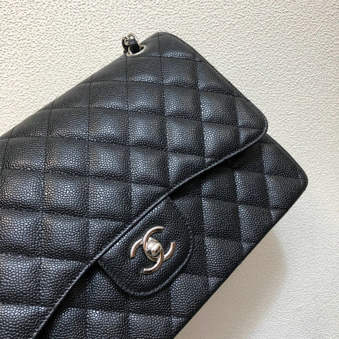 Large Classic Chanel Caviar Leather Handbag Black Silver A01119