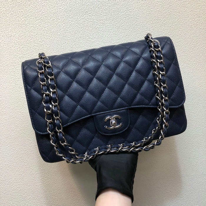 Large Classic Chanel Caviar Leather Handbag Blue Silver A01119