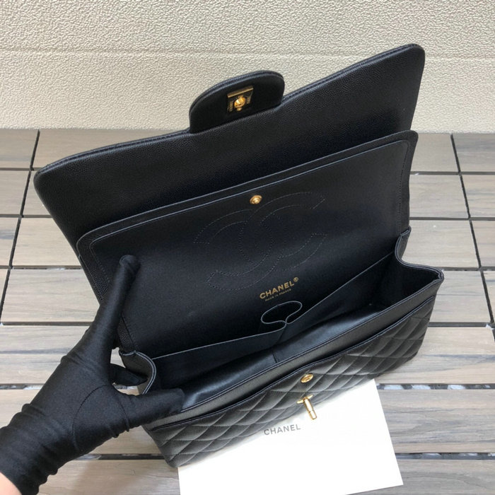 Large Classic Chanel Grained Calfskin Handbag Black Gold A01119