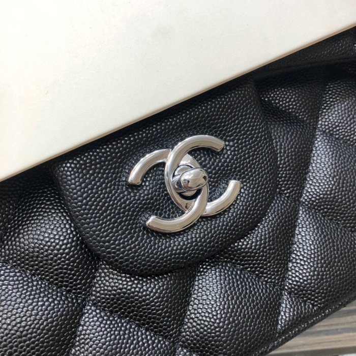 Large Classic Chanel Grained Calfskin Handbag Black Silver A01119