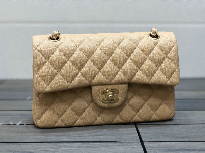 Small Classic Chanel Grain Calfskin Flap Bag Beige A01117