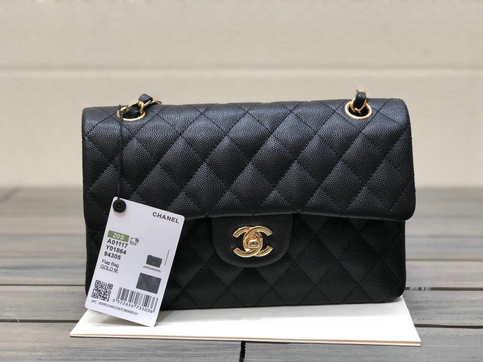 Small Classic Chanel Grain Calfskin Flap Bag Black with Gold A01117