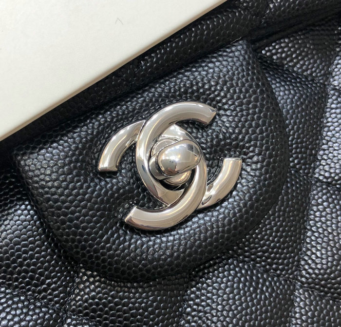 Small Classic Chanel Grain Calfskin Flap Bag Black with Silver A01117