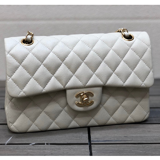 Small Classic Chanel Grain Calfskin Flap Bag White A01117