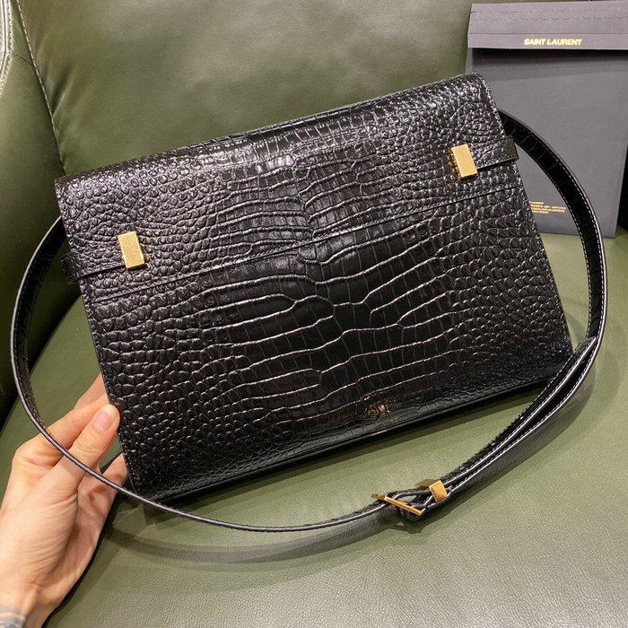 YSL Manhattan Shoulder Bag in Black Crocodile-embossed Gold 579271