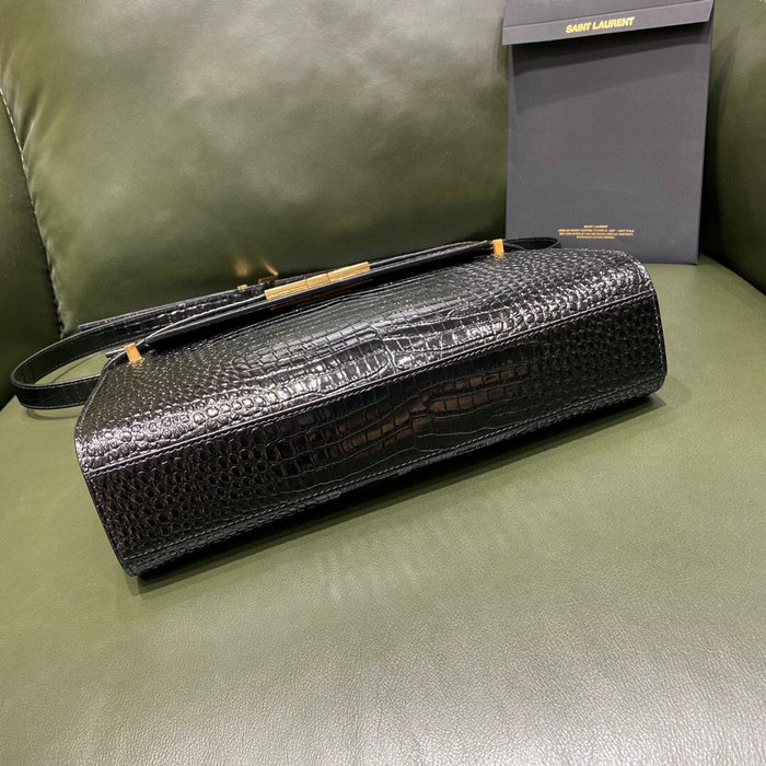 YSL Manhattan Shoulder Bag in Black Crocodile-embossed Gold 579271