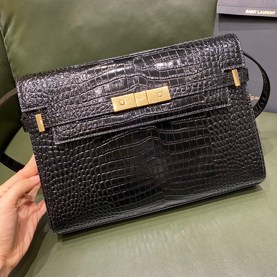 YSL Manhattan Shoulder Bag in Black Crocodile-embossed Gold 579271