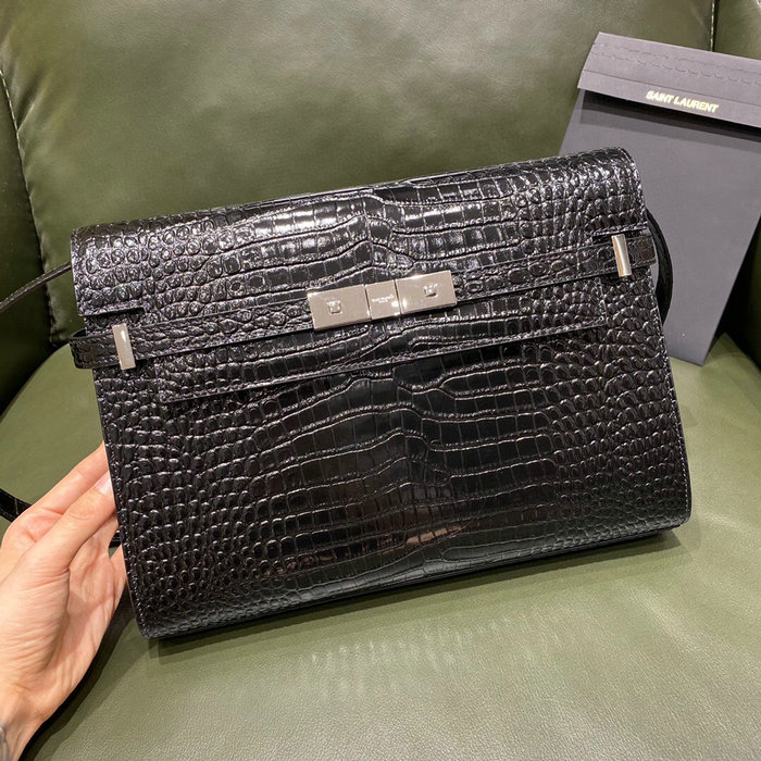 YSL Manhattan Shoulder Bag in Black Crocodile-embossed Silver 579271