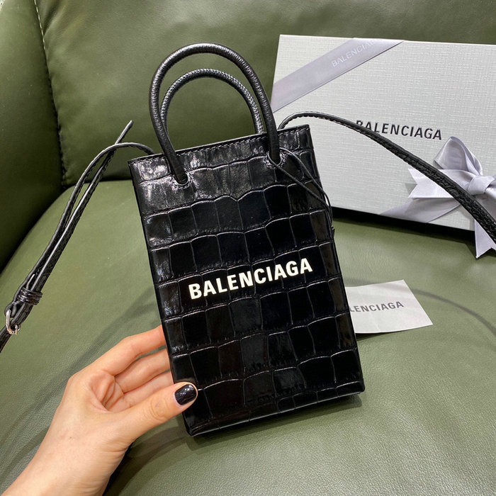 Balenciaga Croc-effect Leather Shopping Phone Holder Black 593826