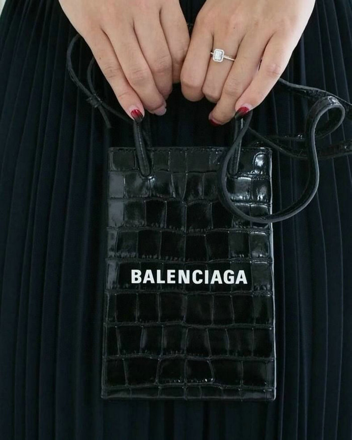 Balenciaga Croc-effect Leather Shopping Phone Holder Black 593826