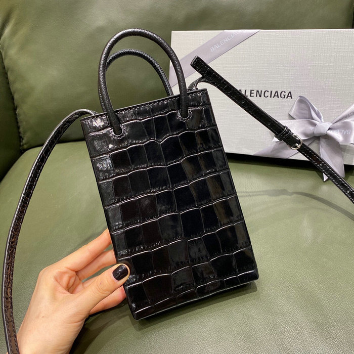 Balenciaga Croc-effect Leather Shopping Phone Holder Black 593826