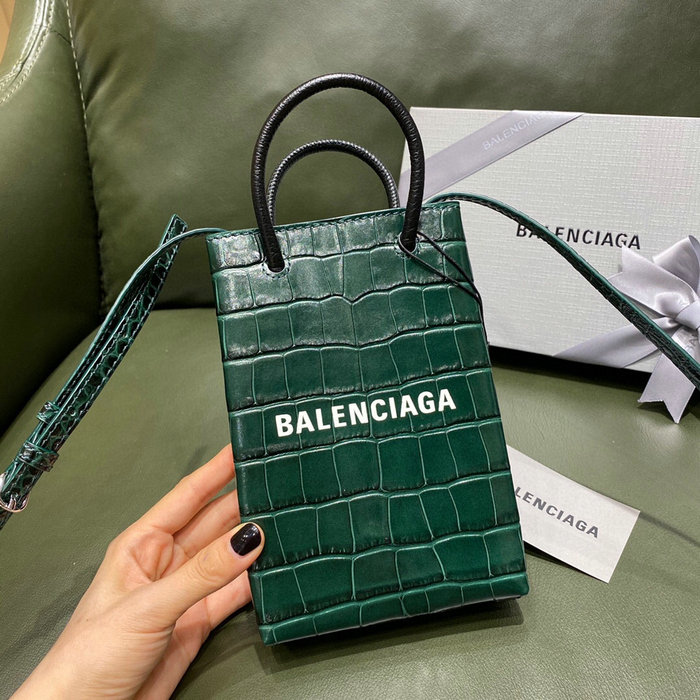 Balenciaga Croc-effect Leather Shopping Phone Holder Green 593826