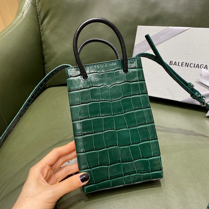 Balenciaga Croc-effect Leather Shopping Phone Holder Green 593826